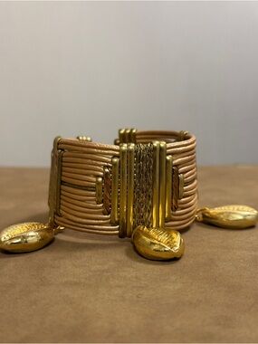 Gold-Tone & Tan Multi-Row Wire Cuff Bracelet with Charms